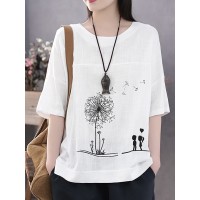 Cotton Flower Printed Round Neck Artsy Thin T-Shirt for Women