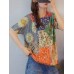 Floral Print Color Block Loose Round neck Short Sleeve Knitted T-Shirt