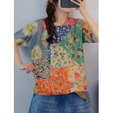 Floral Print Color Block Loose Round neck Short Sleeve Knitted T-Shirt