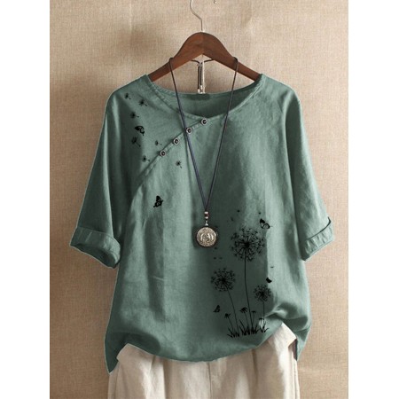 Flower Butterfly Print Round Neck Long Sleeve Button T-shirts For Women