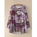 Vintage Floral Printed O-neck Long Sleeve Irregular Hem T-shirt For Women