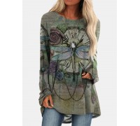 Vintage Floral Printed O-neck Long Sleeve Irregular Hem T-shirt For Women