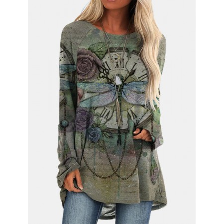 Vintage Floral Printed O-neck Long Sleeve Irregular Hem T-shirt For Women