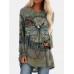 Vintage Floral Printed O-neck Long Sleeve Irregular Hem T-shirt For Women