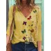 Women Butterfly Print V-neck Regular Fit Long Sleeve Casual T-Shirt
