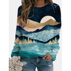 Women Casual Landscape Printed Colorful O-neck Long Sleeve Blouse