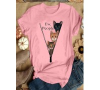 Women Cute Cartoon Cat Letter Print O-Neck Casual Short Sleeve T-Shirts