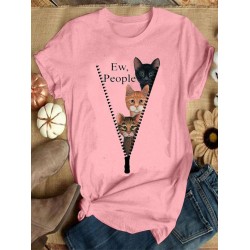 Women Cute Cartoon Cat Letter Print O-Neck Casual Short Sleeve T-Shirts