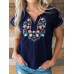 Women Floral Embroidery V-Neck Vintage Short Sleeve T-Shirts