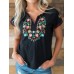 Women Floral Embroidery V-Neck Vintage Short Sleeve T-Shirts