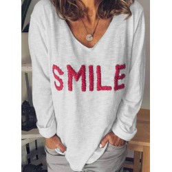 Women Letter Pattern Casual V-Neck Long Sleeve T-Shirts