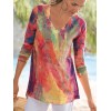 Women Random Multicolor Print V-Neck Long Sleeve Vintage T-Shirts