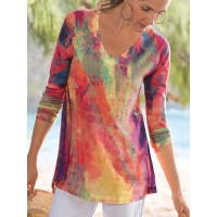Women Random Multicolor Print V-Neck Long Sleeve Vintage T-Shirts