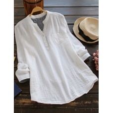 Women Solid Color Long Sleeve Button Pocket V-Neck Cotton Shirts