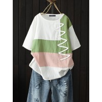 Women Striped Patchwork O-Neck Short Sleeve T-Shirts