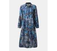 Vintage Graffiti Print Button Long Sleeve Casual Shirt Dress for Women