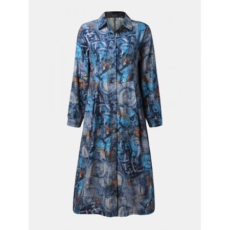 Vintage Graffiti Print Button Long Sleeve Casual Shirt Dress for Women