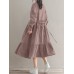 Women Corduroy CasualLace-up Ruffles Hem Loose Full Sleeve Mid-Calf Length Midi Dress