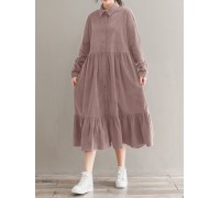 Women Corduroy CasualLace-up Ruffles Hem Loose Full Sleeve Mid-Calf Length Midi Dress