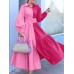 Women Long Sleeve Pleated Loose Contrast Color Block Patchwork Solid Lapel Midi Dresses