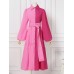 Women Long Sleeve Pleated Loose Contrast Color Block Patchwork Solid Lapel Midi Dresses