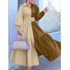 Women Long Sleeve Pleated Loose Contrast Color Block Patchwork Solid Lapel Midi Dresses