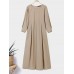 Women Long Sleeve Shirt Pockets Solid Ankle Length Midi Dresses