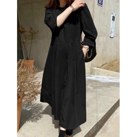 Women Long Sleeve Shirt Pockets Solid Ankle Length Midi Dresses