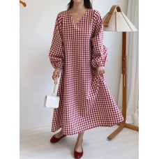 Women Plaid  Puff Long Sleeve Casual V-Neck Midi Dress