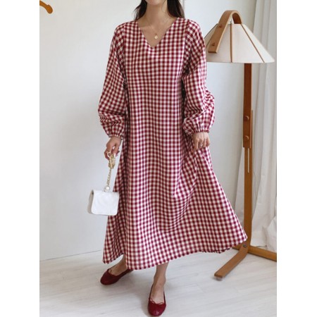 Women Plaid  Puff Long Sleeve Casual V-Neck Midi Dress