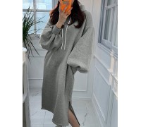 Women Puff Sleeve Solid Color Split Side Pockets Hooded Maxi Length Loose Drawstring Midi Dresses