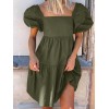 Women Puff Sleeve Square Collar Pure Color Knee Length Dress with Back Zipper