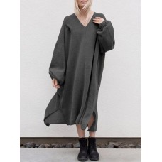 Women Sweatshirt Calf Length Side Fork Loose Solid Midi Dresses