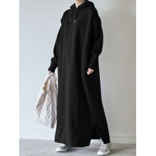 Women Thick Puff Sleeve Loose Sweatshirt Maxi Length Hooded Casual Midi Dresses