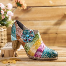 Retro Floral Leather Splicing Zipper Chunky Heel Pumps Dress Shoes