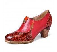 Retro Leather Beaded Flower Embossed Stitching Zipper Mid Heel Pumps