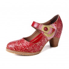 Retro Leather Embossed Floral Hook Loop Ankle Strap Chunky Heel Pumps