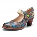 Retro Leather Floral Splicing Snakeskin Round Toe Chunky Heel Pumps