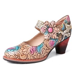 Retro Leather Floral Splicing Snakeskin Round Toe Chunky Heel Pumps