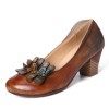 Retro Three Colors Cute Florals Shallow Mouth Round Leather Slip On Casual Pumps