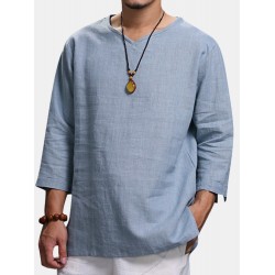 Ethnic Casual Men's Long-sleeved V-neck Solid Color Large Size Loose T-Shirts