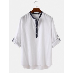 Mens 100% Cotton Stand Collar Three Quarter Sleeve Casual Henley Shirts