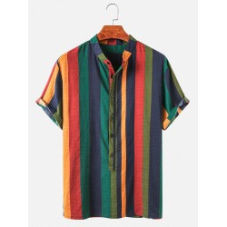 Mens Cotton Colorful Striped Henley Collar Short Sleeve Shirts