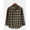 Mens Plaid Stand Collar High Low Cotton Long Sleeve Henley Shirts
