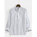 Mens Vertical Striped Stand Collar Cotton Casual Long Sleeve Henley Shirts