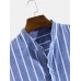 Mens Vertical Striped Stand Collar Cotton Casual Long Sleeve Henley Shirts