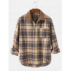 Mens Vintage Plaid Casual Fit Cotton Long Sleeve Henley Shirts With Pocket