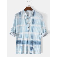 Mens Waffle Tie-Dye Print Button Long Sleeve Henley Shirt